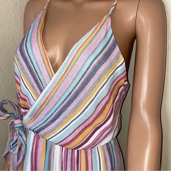 Staccato dress faux wrap mini rainbow striped fit flare side tie summer SZ LG - Picture 8 of 10